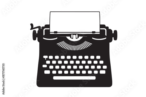 Classic vintage typewriter machine black silhouette isolated on white background