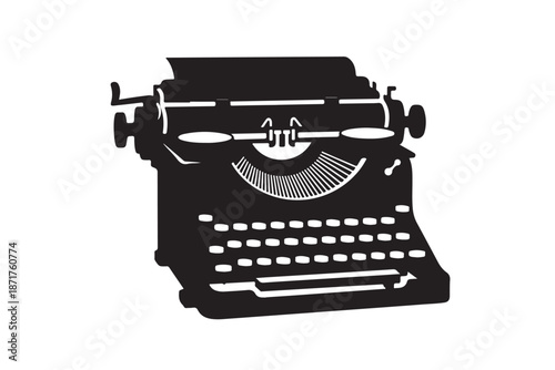 Classic vintage typewriter machine black silhouette isolated on white background