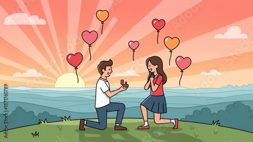 Man Proposing to Woman with Heart Balloons during Sunset on Hill