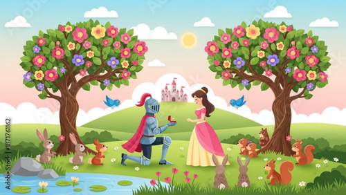 Robot Knight Proposing to Princess in Floral Fantasy Landscape with Castle
