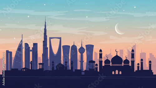 Dubai Skyline Silhouette at Sunset with Mosque and Skyscrapers, Crescent Moon in the Sky