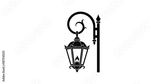 Black silhouette of a vintage street lamp on a curved post with a flame inside the lantern with vintage lamp and lighting and outdoor decor and urban