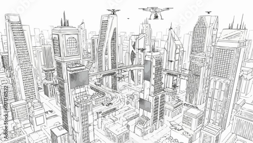 Futuristic Cityscape Sketch with Drones Overhead.