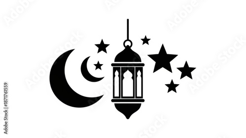 Islamic crescent moon and stars with hanging lantern symbolizing ramadan with religion and faith and culture and icon and black and silhouette