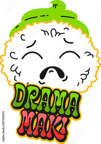 Japan food maki sushi retro Y2K sticker or patch. Sushi dish vintage tag, Asian menu meal 60s 70s vector patch. Japan seafood delicacy retro Y2K sticker or label with maki sushi sad character