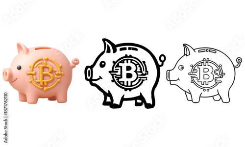 Bitcoin piggy bank vector icon representing cryptocurrency savings and digital investment