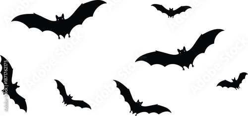 Flying bats silhouettes, Halloween background, spooky night creatures, gothic design, nocturnal