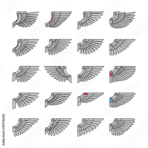 Collection of mechanical wings with various designs and colors