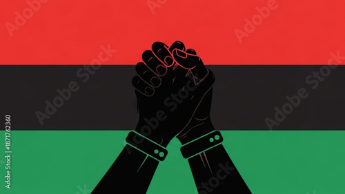 Raised Fists Symbolizing Black Power on Red Black and Green Flag Background