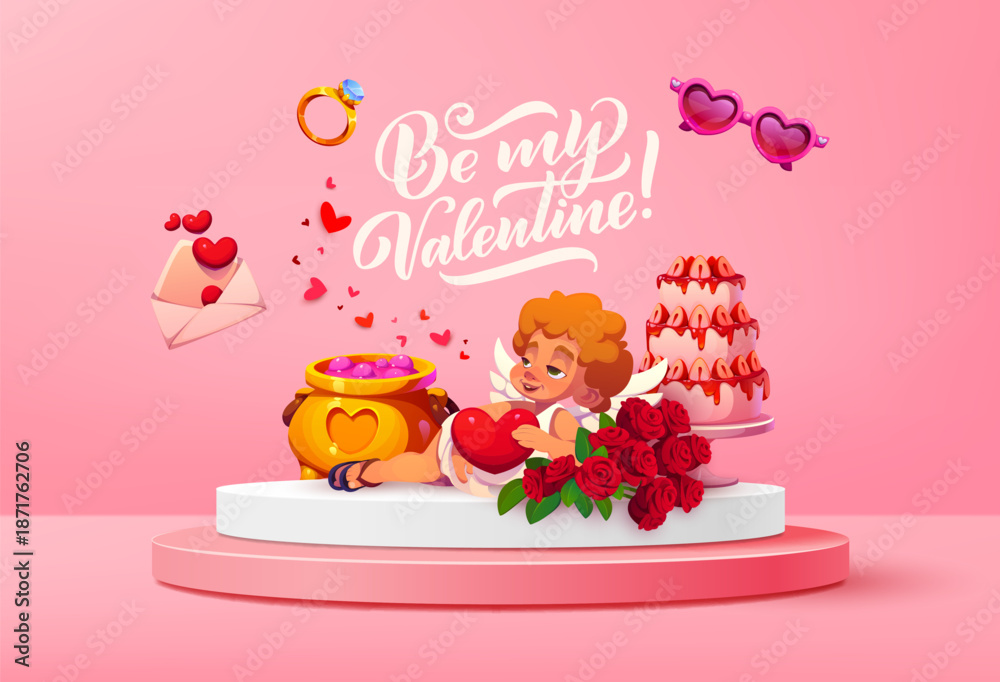 Fototapeta premium Valentine podium stage with cherub and flowers. Vector festive platform featuring a cupid holding a heart, roses bouquet, gift items, and romantic symbols on pink background with text Be my Valentine
