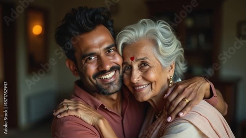 Adult Son Hugging Elderly Mother with Gratitude on Mothers Day
