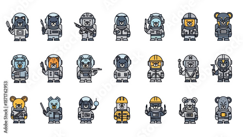 Collection of Various Robot Characters Pixel Art.