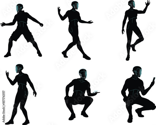 Futuristic helmet silhouette, virtual reality poses, glowing visor design, digital interaction concept, cyber technology art, gaming character illustration, cad drawing flat vector illustration