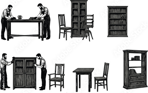 Furniture silhouettes illustration, table and chair design, bookshelf vector artwork, cabinet construction concept, home interior furniture, DIY assembly, furniture catalog