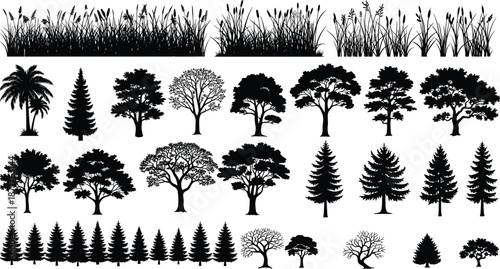 Black silhouette of pine tree forest on hill, nature landscape background, spruce fir wood, cad drawing flat vector illustration