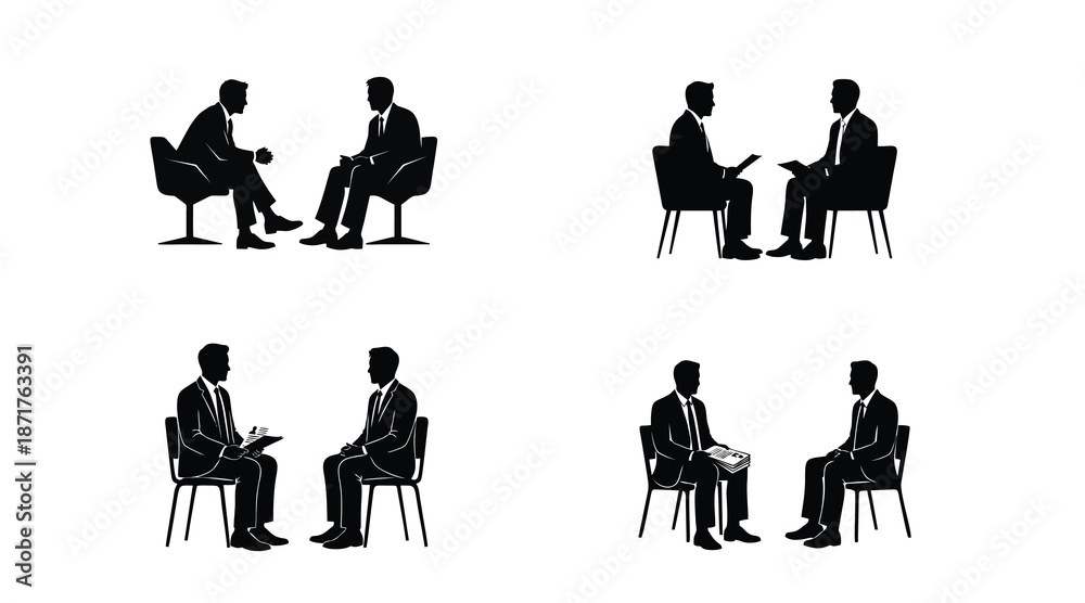 Fototapeta premium Professional Interview Meeting Silhouette Icons – Business Consultation Conversation Vector