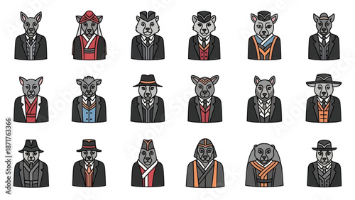 Illustrated Wolf Characters Wearing Suits Hats.