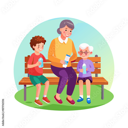 grandparent sitting on bench and grandchild cartoon vector