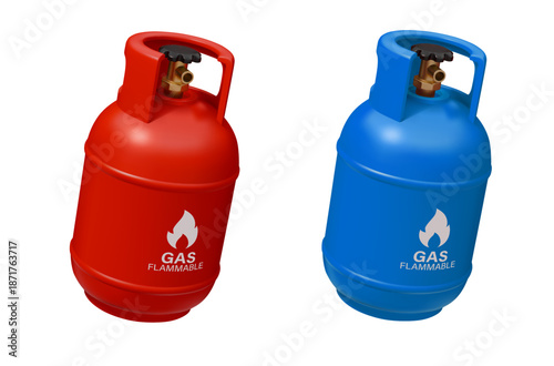 3D gas cylinders with flammable warning signs of liquid gas or LPG, vector containers. Realistic gas cylinders in red and blue color with valves for oxygen, propane, or butane, and nitrogen gas