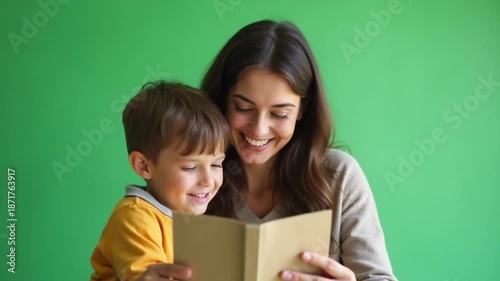 Mother Reading Book with Young Son in Cozy Mothers Day Moment
