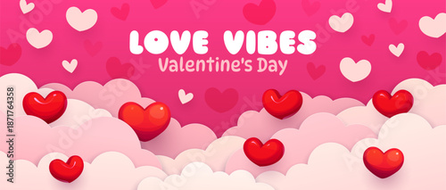 Paper cut Valentines Day banner with clouds and love hearts. Romantic holiday vector greeting card of 3d paper cut sky background with wavy clouds layers and red hearts, Valentines Day love letter