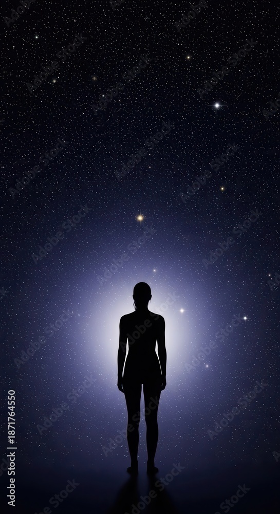 Fototapeta premium Silhouette of a human form stands illuminated against a dark, star-filled night sky