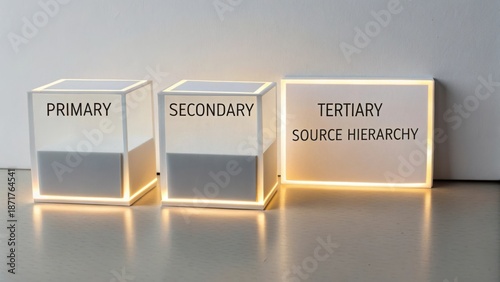 Illuminated Boxes Displaying Primary, Secondary, and Tertiary Source Hierarchy in a Modern Office Setting