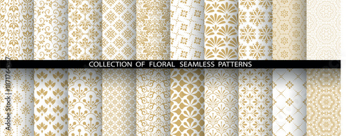 Geometric floral set of seamless patterns. White and golden vector backgrounds. Damask graphic ornaments