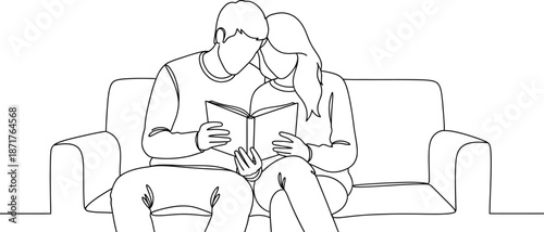 Couple reading a book together on a couch on a line vector