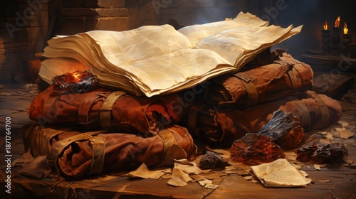 A weathered leather-bound tome lays open on a stack of ancient scrolls, illuminated by the warm glow of a nearby flame, revealing secrets of the past