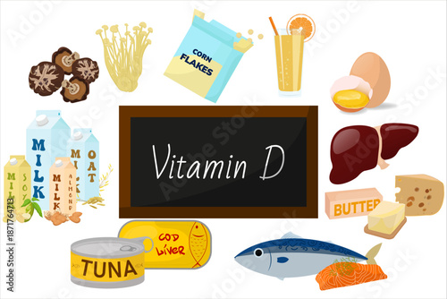 Educational infographic of Vitamin D food sources: salmon, eggs, liver, mushrooms, dairy, and fortified juices. Healthy nutrition concept for bone and immune support.
