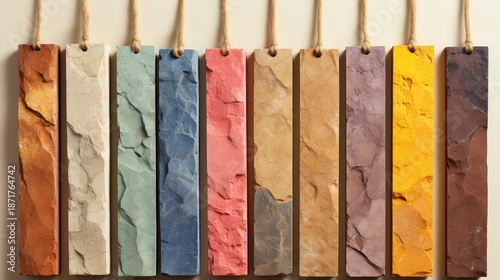 A collection of ten stone tiles with various color tones and textures hanging on twine against a cream background.