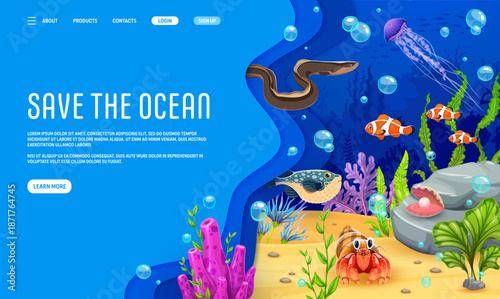 Save the oceans landing page with sea animals and fishes at the underwater landscape. 3d paper cut vector Save the ocean awareness web banner template with tropical ocean corals and marine life