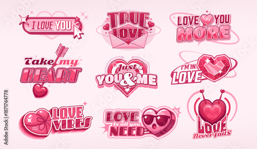 Y2k icons vector set with romantic text phrases in glossy heart shapes, envelope, arrow, sparkle, and lips. Retro valentine day stickers with bold lettering, love quotes and pink elements in y2k vibe