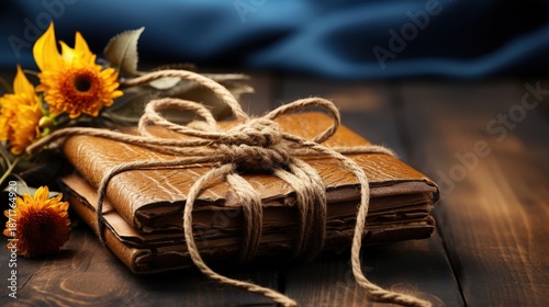 A vintage leather bound journal tied with twine and adorned with autumnal flowers, resting on a wooden surface