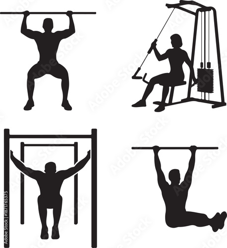 Pull-up exercise variations silhouette set showing gym workout techniques on bars and machines for upper body strength training illustration