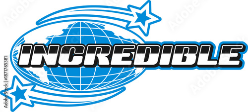 Incredible globe Y2K groovy sticker or symbol. World Y2K vector globus label, Earth funky wireframe globe patch. Planet mesh sphere tag with blue shooting stars and metallic typography