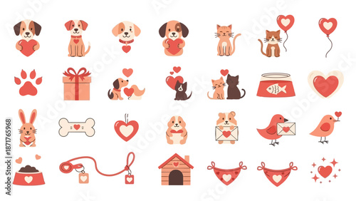 Cute cartoon pets and Valentine's Day elements collection with dogs, cats, rabbits, and birds holding hearts, along with pet accessories and love symbols.