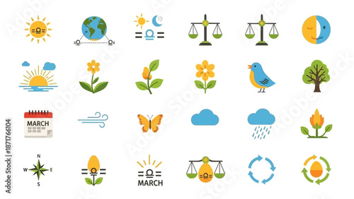 Collection of flat design icons representing spring equinox, nature, weather, and seasonal changes.