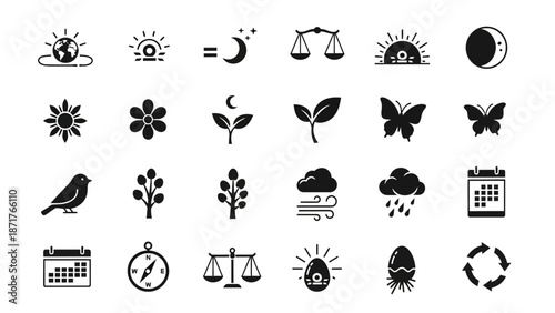 A collection of black and white icons representing nature, seasons, weather, and ecological cycles, including sun, moon, plants, animals, and calendar symbols.