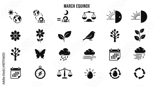 Black and white icon set illustrating the March Equinox, spring season, nature, weather, and balance concepts.