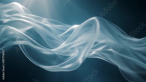 Abstract white wavy fabric flowing in blue background.