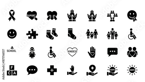 A collection of black and white icons representing social issues, support, community, disability awareness, kindness, and hope.