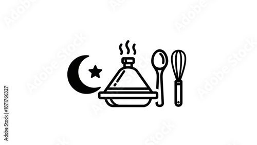 Black line art illustration of a steaming hot dish with a crescent moon and star spoon and whisk on a white background for ramadan or culinary themes