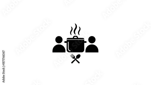 Black silhouette graphic of two people sharing a steaming pot of food with utensils with meal and cooking and spoon and fork and dinner and lunch