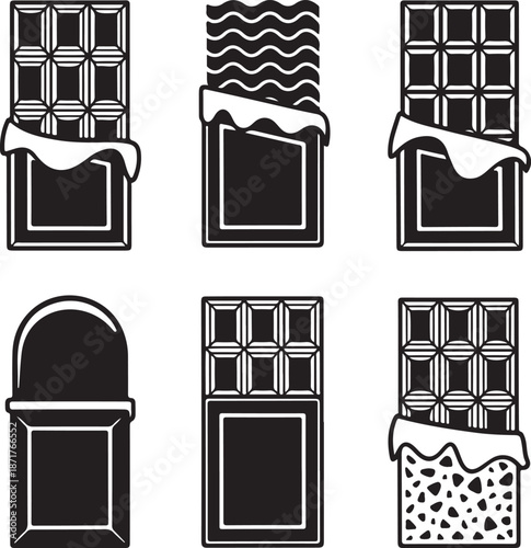 Set of chocolate bar silhouette vector illustration with candy block, dessert snack, sweet food design, cocoa treat packaging collection