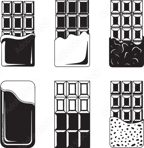 Set of chocolate bar silhouette vector illustration with candy block, dessert snack, sweet food design, cocoa treat packaging collection