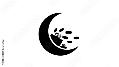Black crescent moon with gifts and coins spilling out in a stylized illustration with black and white and symbolic and lunar and celebration