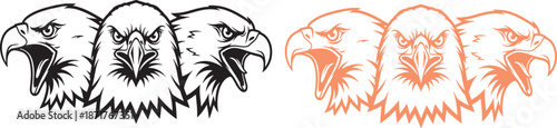Triple Eagle Head Vector Logo Black and White Fierce Bird Emblem