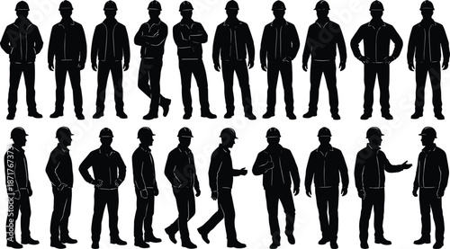 Construction worker silhouette collection showing multiple standing walking and discussion poses with safety helmets isolated black figures